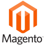 Logo du CMS Magento représenté par un M en forme de cube orange avec écrit en dessous Magento en noir