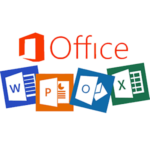 Logo de la suite Microsoft Office avec "Office" écrit en rouge au-dessus des 4 logos Word (en bleu), PowerPoint (en orange), Outlook (en bleu clair) et Excel (en vert)