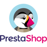 Logo du CMS PrestaShop représentant une tête de pingouin dans un rond bleu ciel avec écrit en dessous PrestaShop en bleu foncé et rose