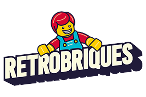 Logo du site e-commerce retrobriques.com. Un personnage lego tient entre ses mains le nom du site Retrobriques.