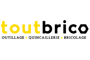 Logo du site e-commerce toutbrico.com. Toutbrico est écrit en noir et jaune. En-dessous il est écrit "outillage, quincaillerie, bricolage"