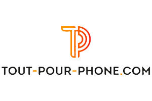 Logo du site e-commerce tout-pour-phone.com. Un P orange et rouge trône au-dessus du nom du site tout-pour-phone.com